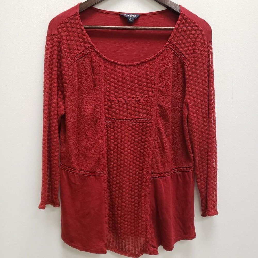 Lucky Brand Womens Size XL Embroidered Red Boho Top Long Sleeve Semi Sheer